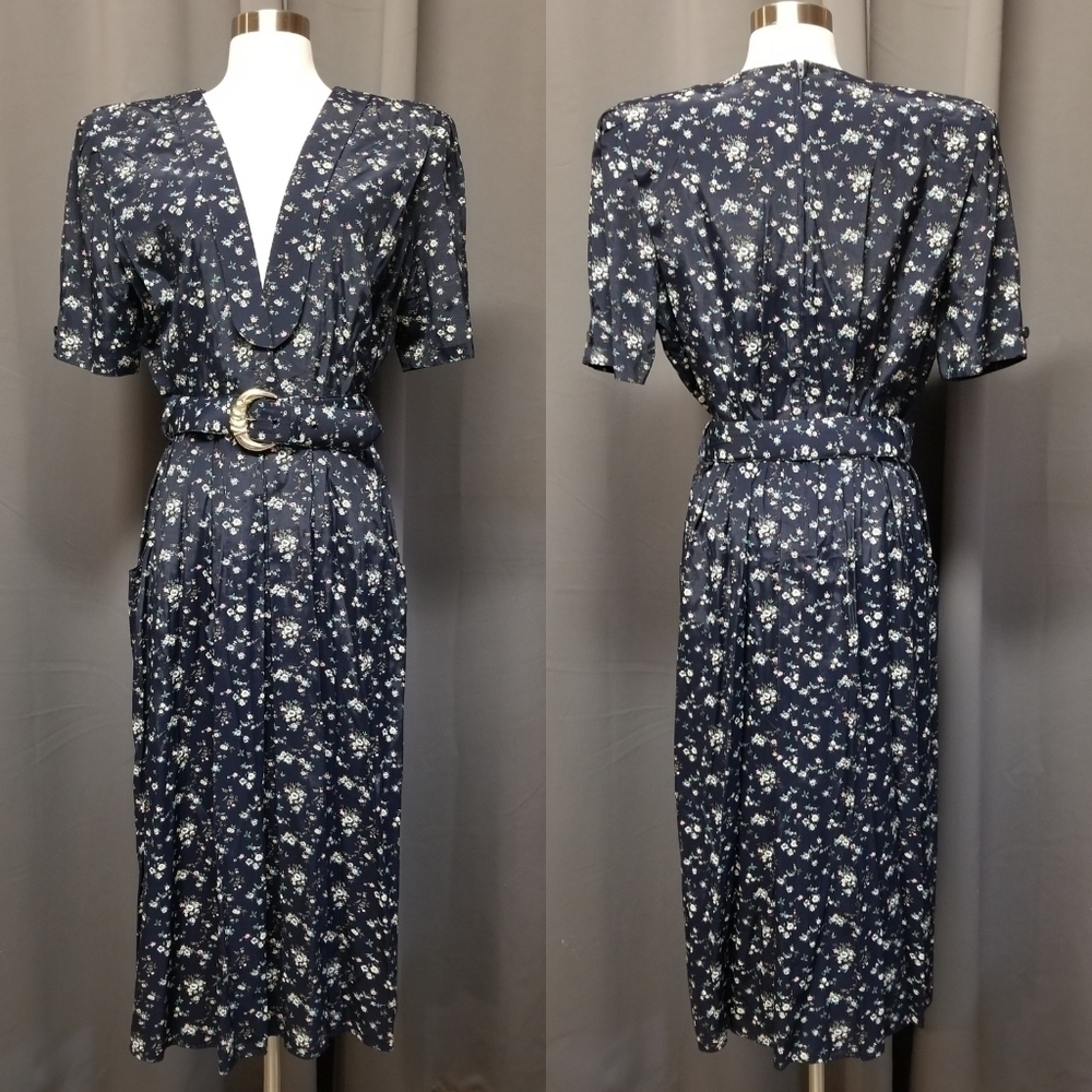 Vintage 80s Retro Cottagecore Ditsy Floral Belted Midi Dress L - Picture 1 of 10